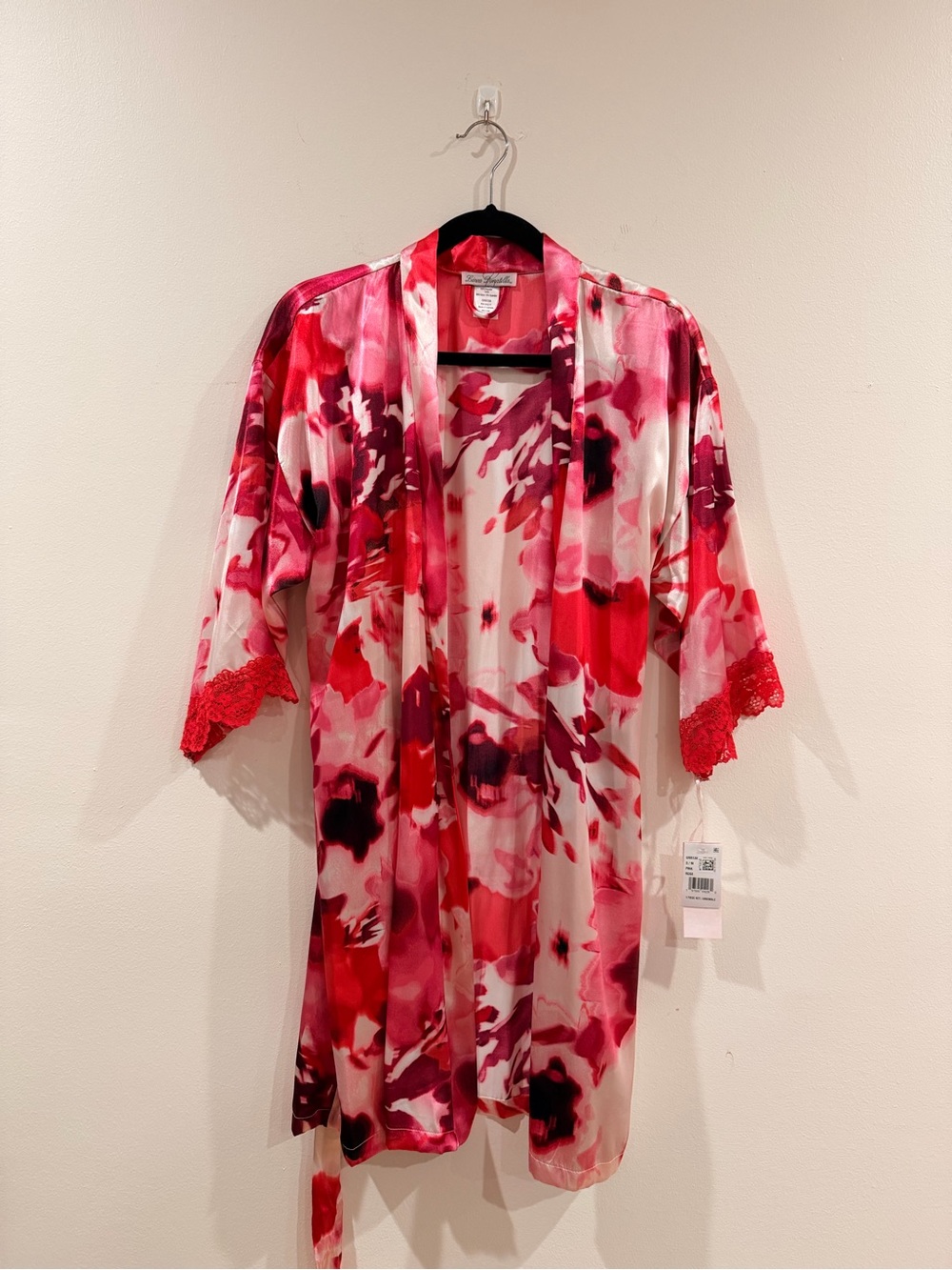 Linea Donatella Red and Pink Floral Satin Robe with Lace Trim